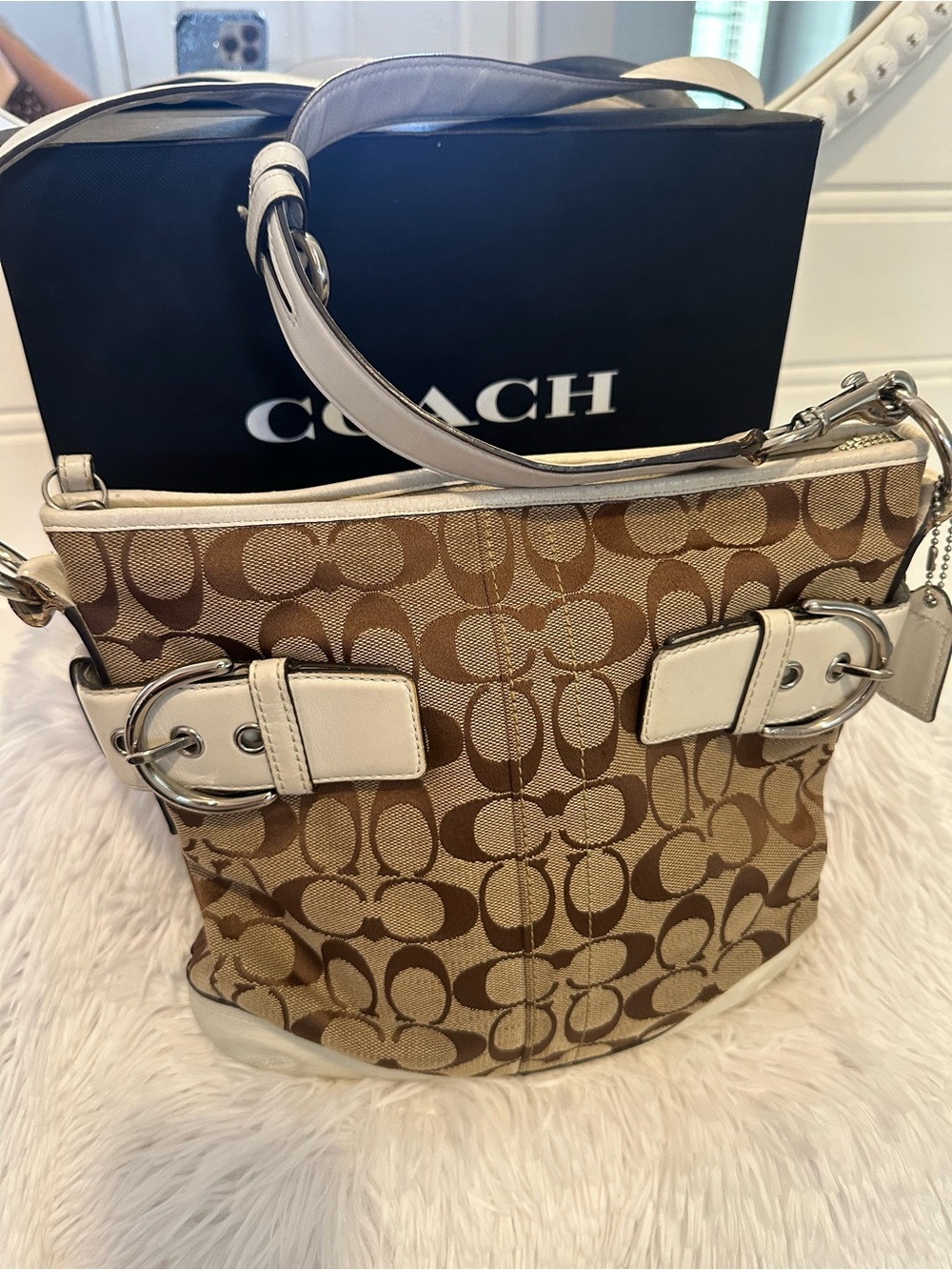 Coach Brown Signature Canvas Shoulder Bag with Cream Trim